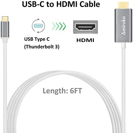 Кабел Amiroko C USB към HDMI 6 фута, USB 3.1 Type C (съвместим с Thunderbolt 3) към HDMI адаптер 4K Кабел за MacBook, MacBook Pro, Dell XPS 13/15, Galaxy S8 / Note 8 и т.н. ДО HDTV, монитор, проектор - Сив