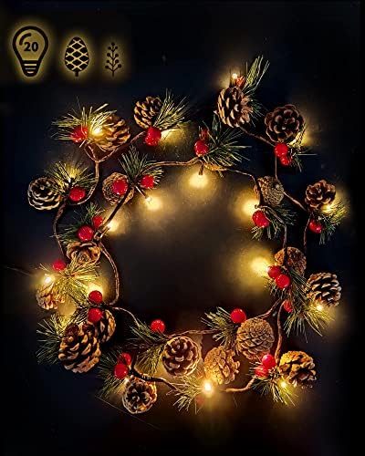 Коледна Гирлянда от 2 теми с Подсветка и големи борови шишками, led Гирлянди, Червени горски Плодове, Игли, Борова Шишарка, Коледен Венец,